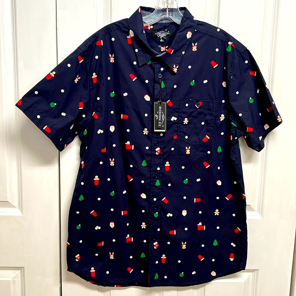 Eighty Eight Navy Blue Christmas Themed Print Pocket Short Sleeve Top XL NWT